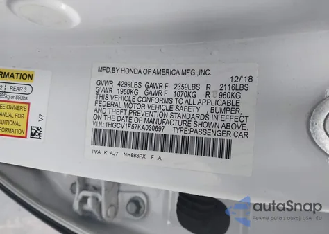 2019 Honda Accord Ex-L z USA, uszkodzony, nr VIN 1HGCV1F57KA030697